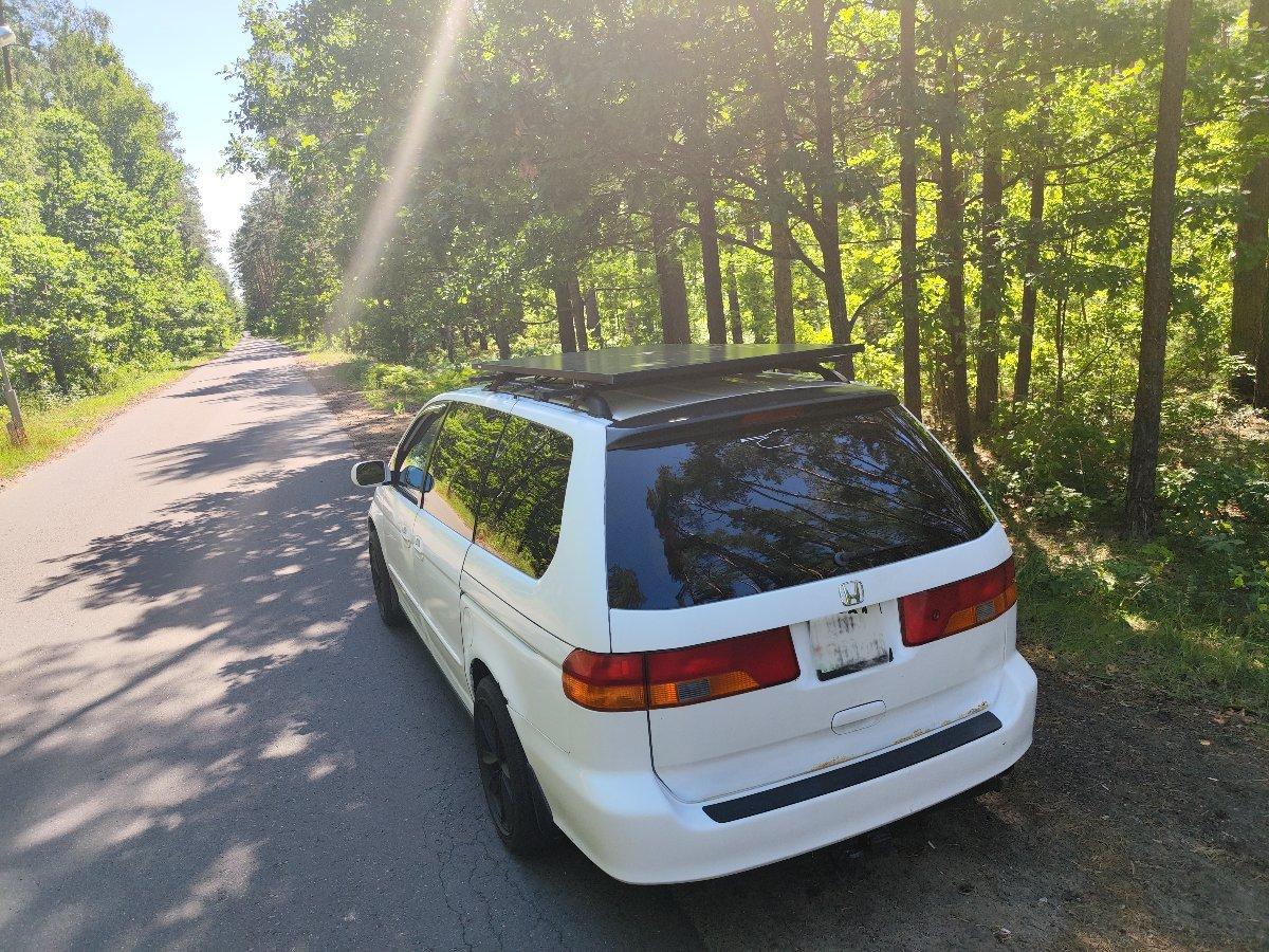 Honda Odyssey white minivan rear view on forest road during camping trip